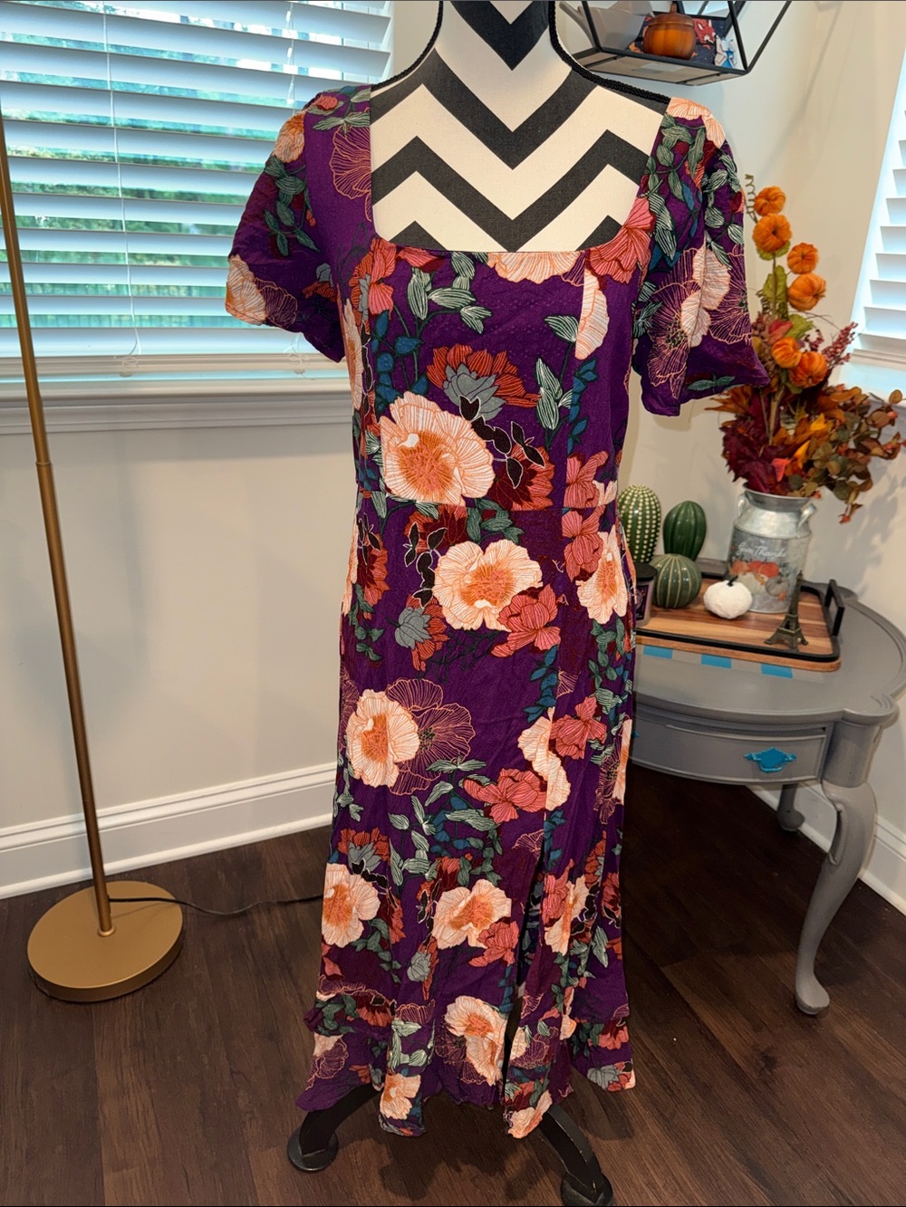 Band of the Free Thea Purple Floral Square Neck Midi Dress